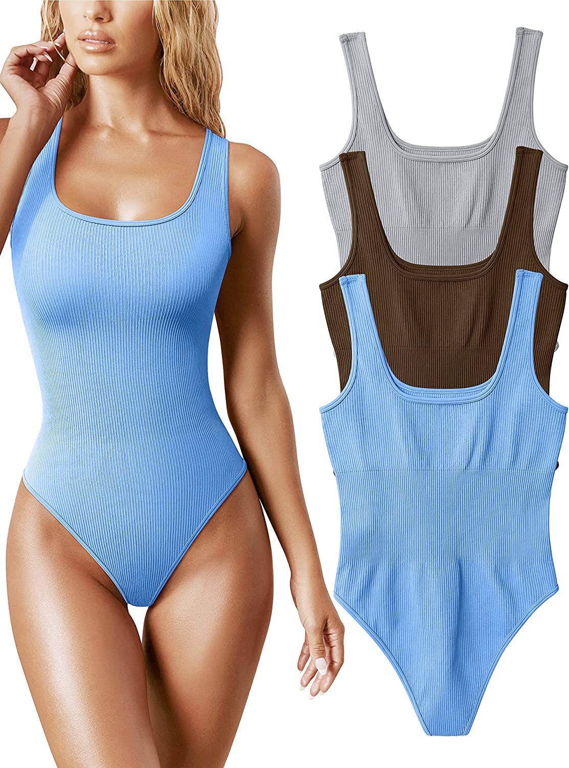 OQQ Women's 3 Piece Bodysuits Sexy Ribbed Sleeveless Square Neck Sleeveless Tank Tops Bodysuits | Amazon (US)