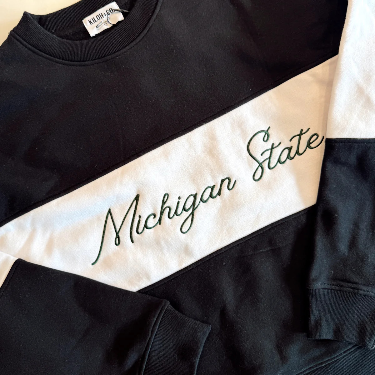Michigan State Licensed Script Colorblock Oversized Boyfriend Crew | Kiloh + Co.