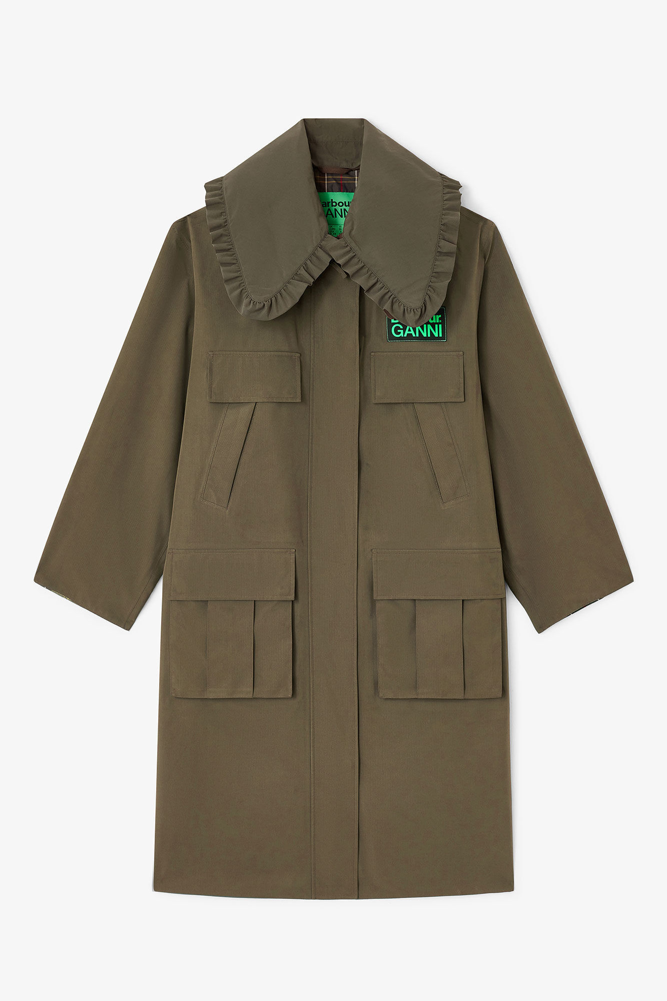 GANNI Green x Barbour Long Coat in - Size 34 Wool | Ganni
