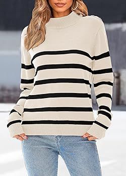 KIRUNDO Women's 2023 Fall Winter Long Sleeve Knit Sweater Turtleneck Striped Loose Pullover Tops ... | Amazon (US)