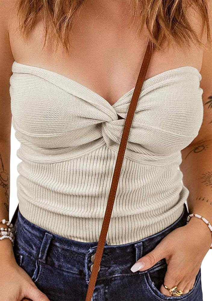 FLITAY Womens Knitted Slim Fit Tank Top Open Back Solid Color Tops Sleeveless Sexy Tube Top | Amazon (US)
