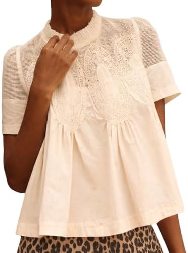 VAOYIU Women Lace-Detail Flared Blouse Short-Sleeve Crew Neck Lace Poplin Mesh Swing Top Elegant ... | Amazon (US)