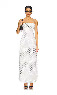 MORE TO COME Celsee Strapless Maxi Dress in White & Black Dot from Revolve.com | Revolve Clothing (Global)