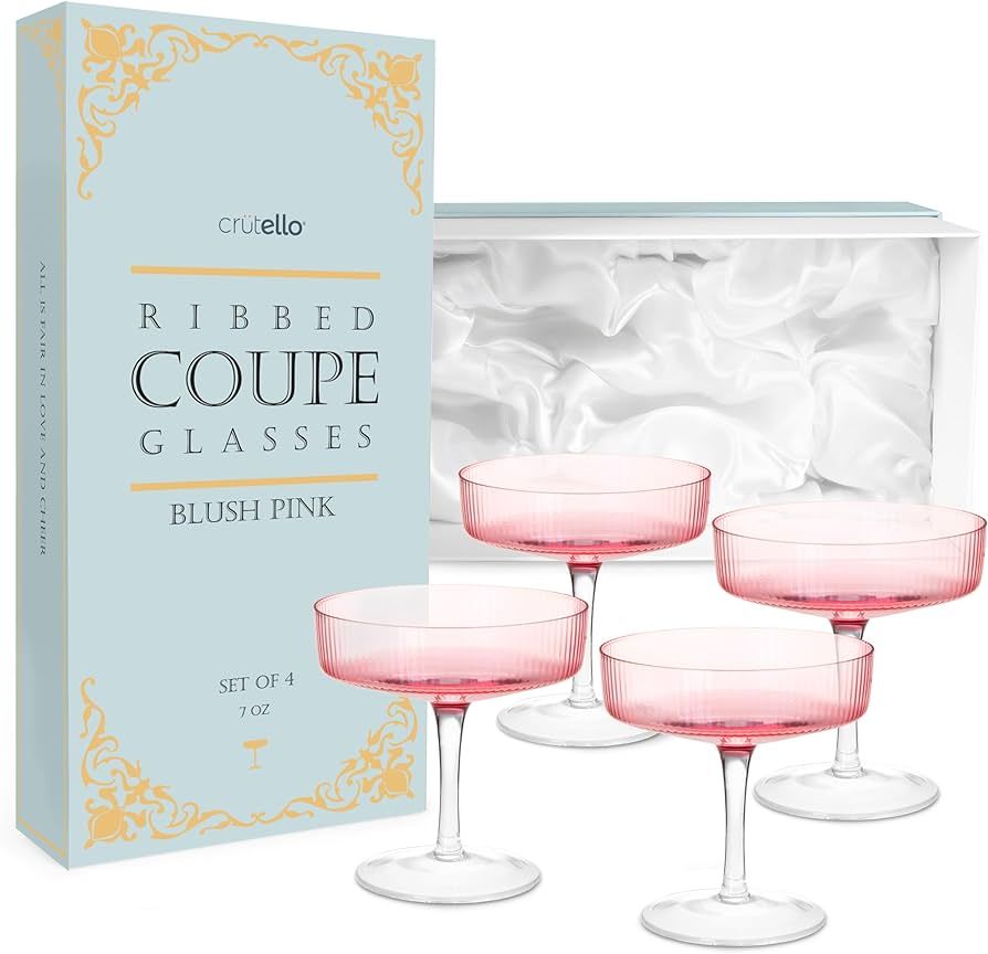 Crutello Champagne Coupe Glasses Set of 4, Pink 7oz Vintage Cocktail Glass, Ribbed Fluted Glasswa... | Amazon (US)