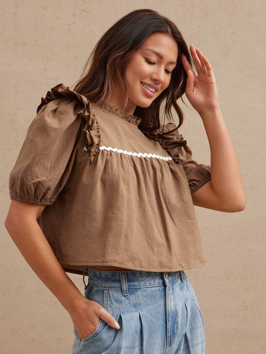WESTFADE 100% Cotton Mock Neck Ruffle Puff Sleeve Contrast Trim Tiered Babydoll Top Cute Fall, Au... | SHEIN