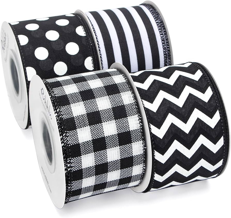 Ribbli 4 Rolls Black and White Wired Ribbon,Buffalo Plaid/Stripe/Chevron/Polka Dot Burlap Ribbon,... | Amazon (US)