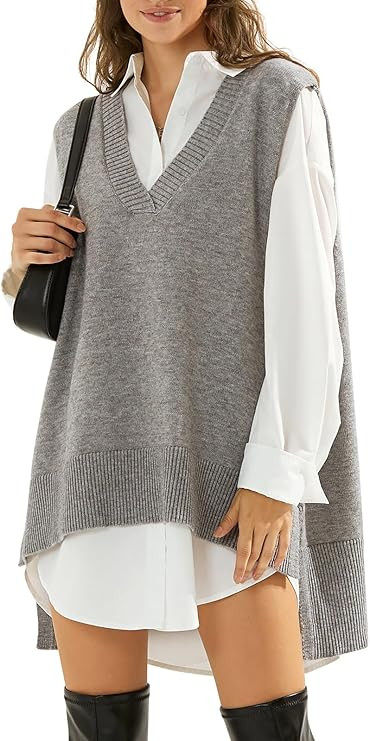 EXLURA Womens Oversized Sweater Vest Knit V Neck Tunic Casual Sleeveless Long Pullover Tank Tops ... | Amazon (US)