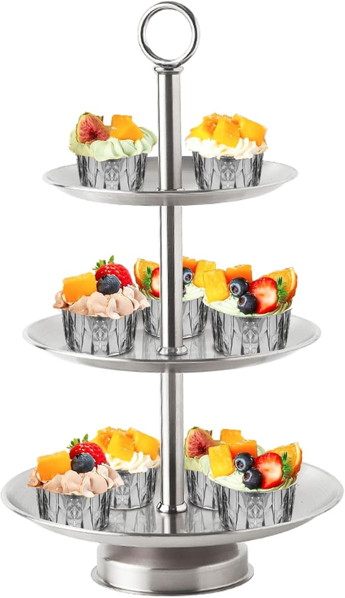 3 Tier Silver Metal Cupcake Stand Holder,Stainless Steel Cup Cake Stand Tower with Tiered Serving... | Amazon (US)
