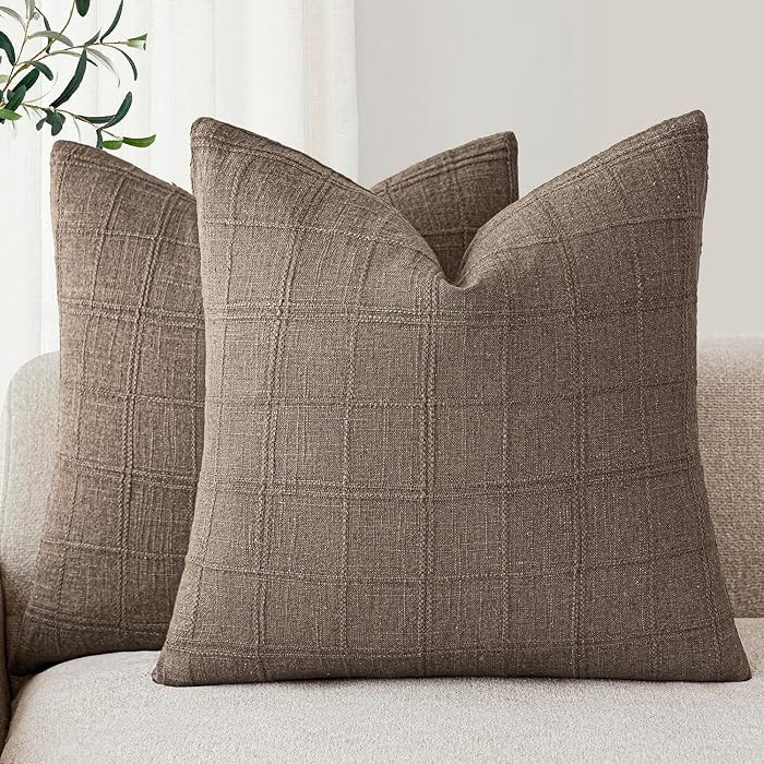 Foindtower Set of 2 Decorative Linen Check Throw Pillow Covers Neutral Farmhouse Vintage Cushion ... | Amazon (US)