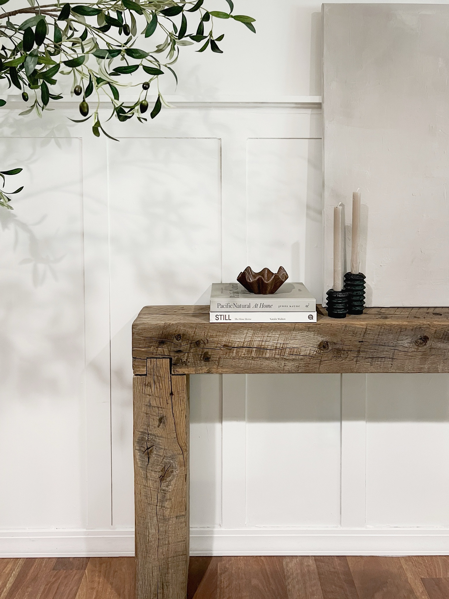 simple organic modern console styling - featuring my fav piece ever, this beam console table made out of 100-year-old barn beams!
Similar style consoles linked here!

#LTKHome #LTKSeasonal #LTKStyleTip