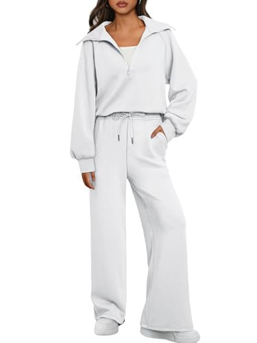 AUTOMET Womens 2 Piece Outfits Long Sleeve Sweatsuits Matching Sets Half Zip Sweatshirts with Wide Leg Sweatpants White S | Amazon (US)