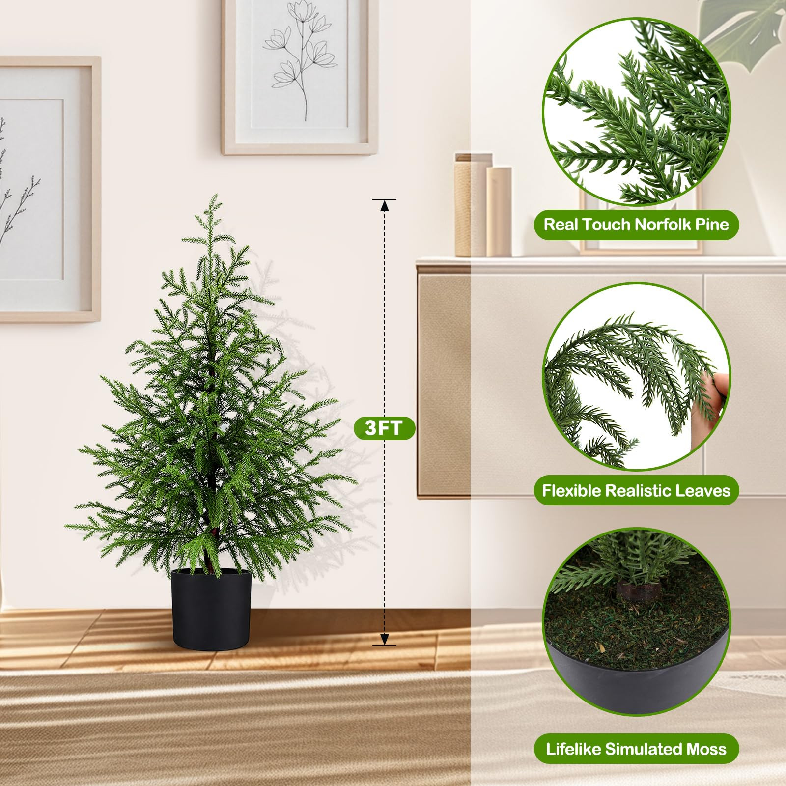 3FT Artificial Norfolk Pine Christmas Tree Real Touch Faux Tree with Black Pot, Realistic Indoor ... | Amazon (US)