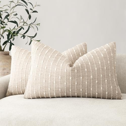 Foindtower Pack of 2 Decorative Jacquard Boucle Lumbar Throw Pillow Covers Accent Textured Striped Pillowcases Cozy Boho Cushion for Couch Sofa Bedroom Living Room Home Decor 12x20 Inch Natural Beige | Amazon (US)
