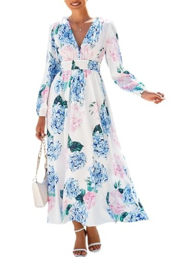 Maxigerui Women's Long Sleeve Boho Maxi Dress Floral Hydrangea Pink Blue Print S | Amazon (US)