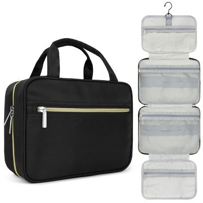 PAVILIA Hanging Toiletry Bag Travel Women Men, Foldable Cosmetic Organizer, Water Resistant Makeup Accessories Essentials Kit (Black Gold) | Target