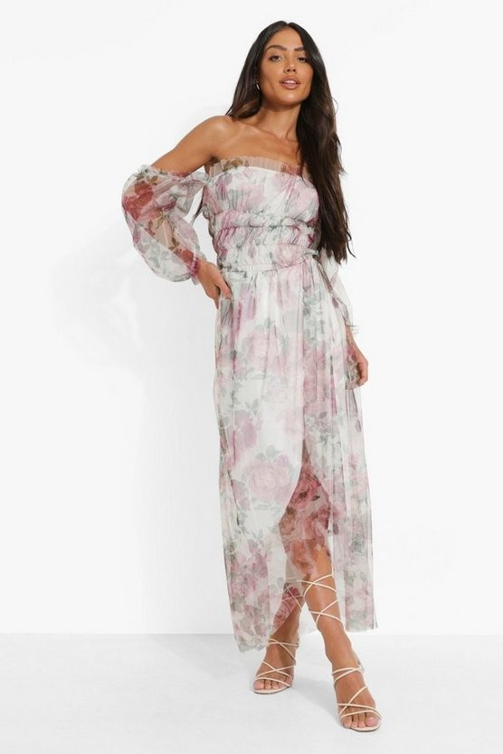Floral Mesh Ruched Maxi Dress | Boohoo.com (US & CA)