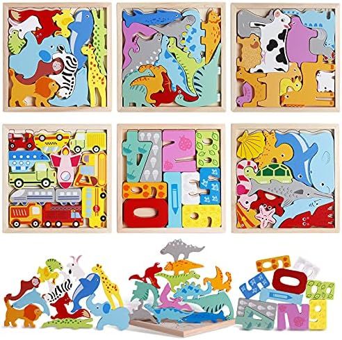 Amazon.com: 6 Packs Vehicles Animals Numbers Dinosaur Sorting & Stacking Toys Wooden Blocks and P... | Amazon (US)