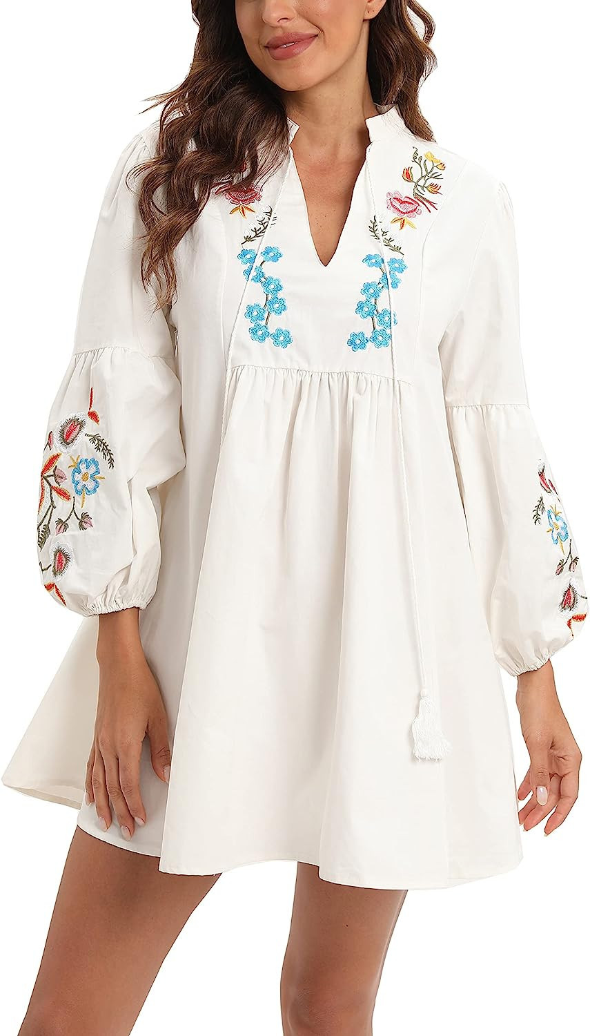 Aox Women Retro Lanter Sleeve Floral Embroidered Boho A line Loose Short Shift Swing Dress | Amazon (US)