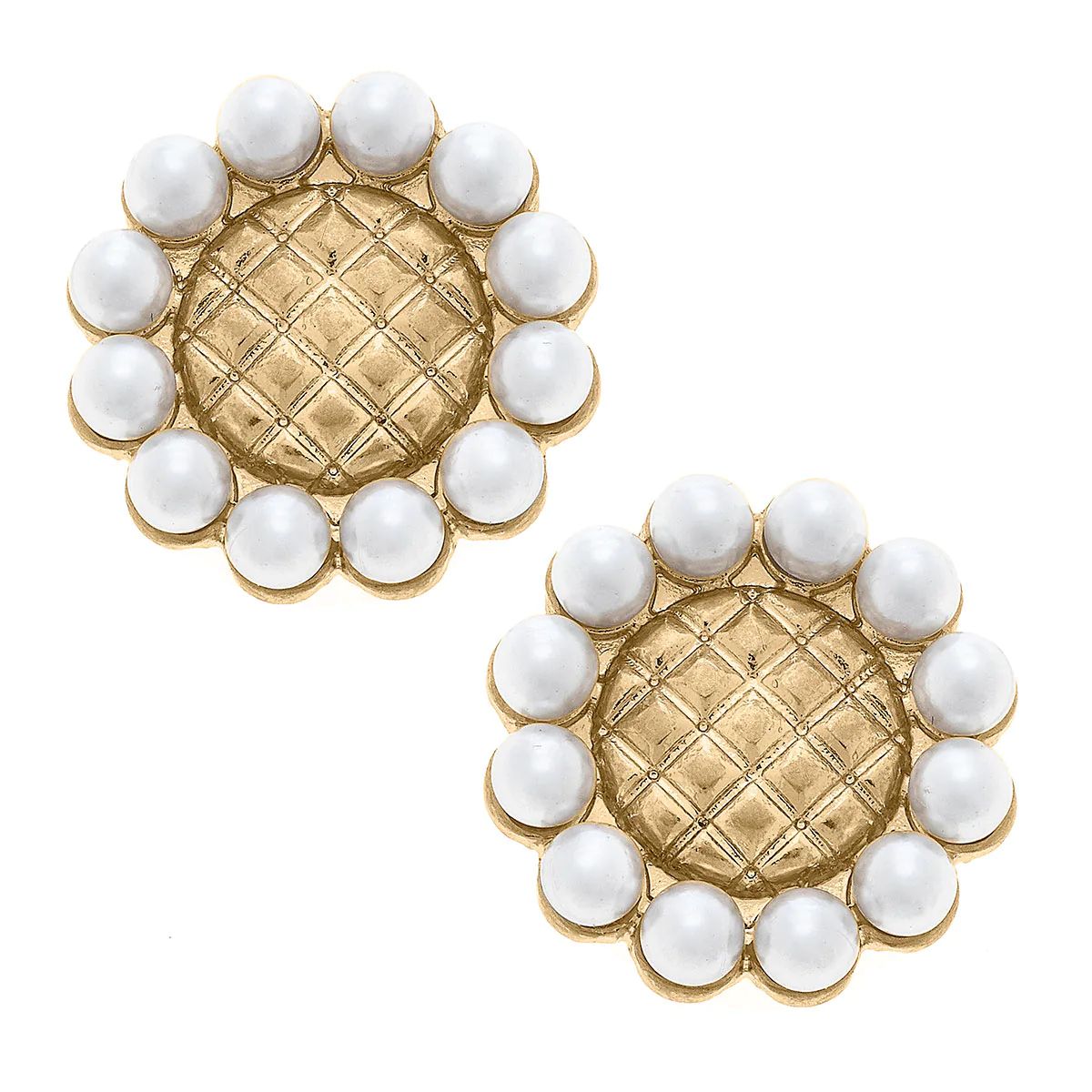 Brett Pearl & Quilted Metal Flower Stud Earrings in Worn Gold | CANVAS