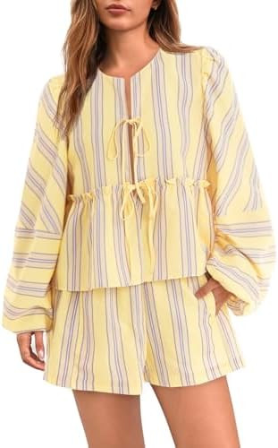 Tankaneo Womens 2 Piece Outfits Tie Front Peplum Tops Shorts Sets Striped Puff Long Sleeve Blouse... | Amazon (US)