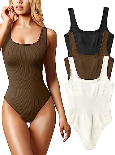 OQQ Women's 3 Piece Bodysuits Sexy Ribbed Sleeveless Square Neck Tank Tops Leotard 2025 Trendy Outfits Black Coffee Beige | Amazon (US)