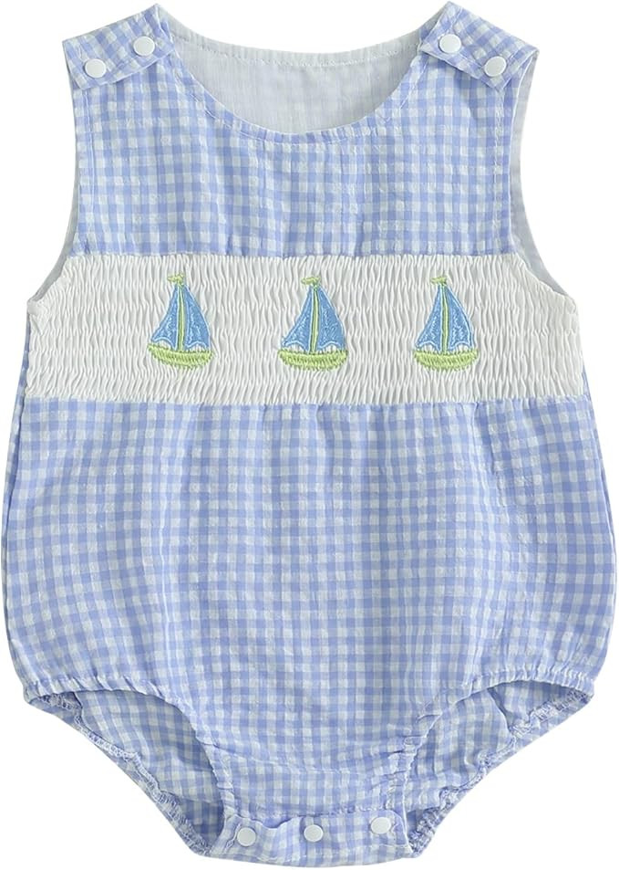 Baby Girl Boy Summer Clothes Sailing Boat Embroidery Gingham Sleeveless Romper Bodysuit Outfit 0 ... | Amazon (US)