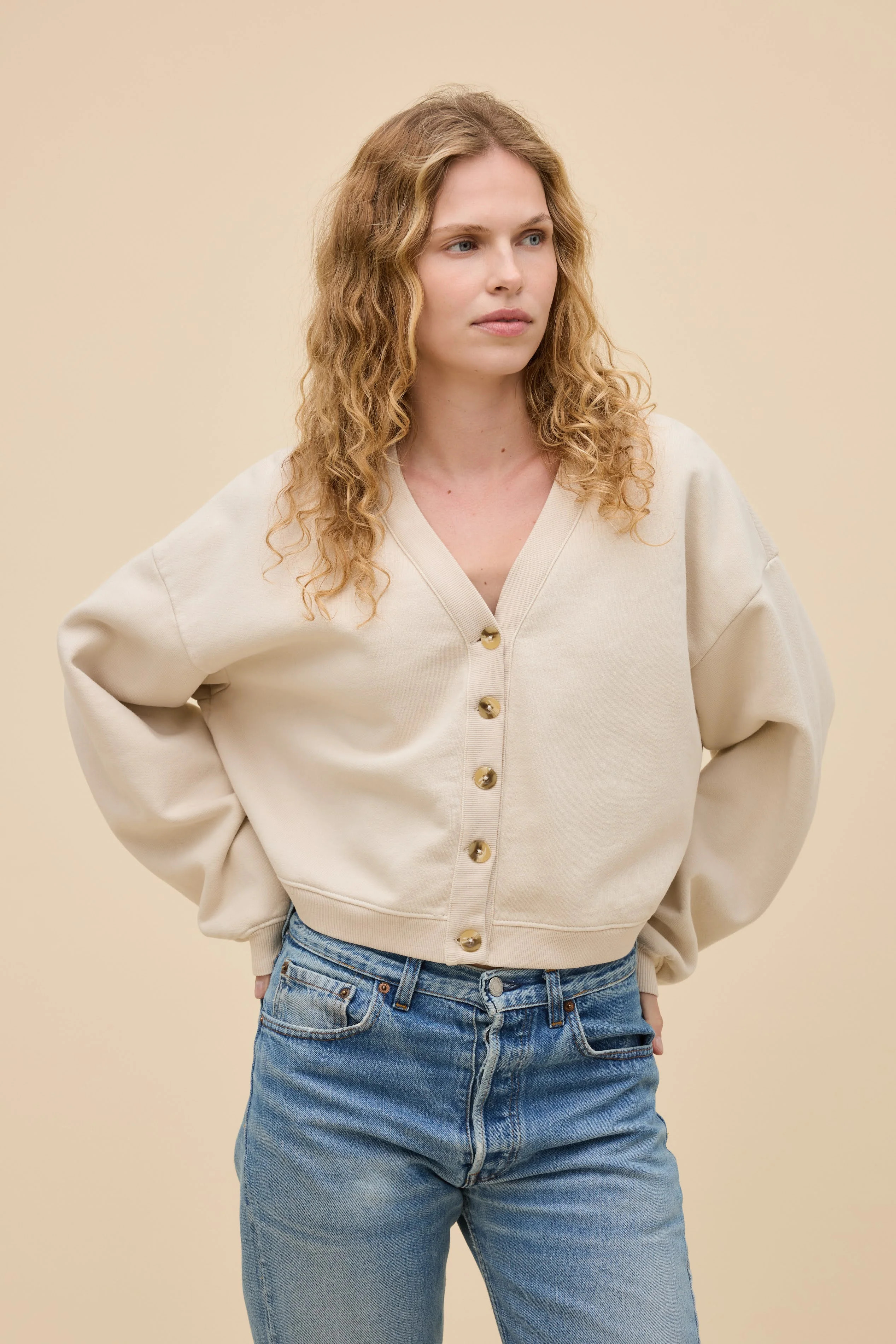 Boxy Sweatshirt Cardigan in White | Fleece Long Sleeve in Dirty White | Daydreamer