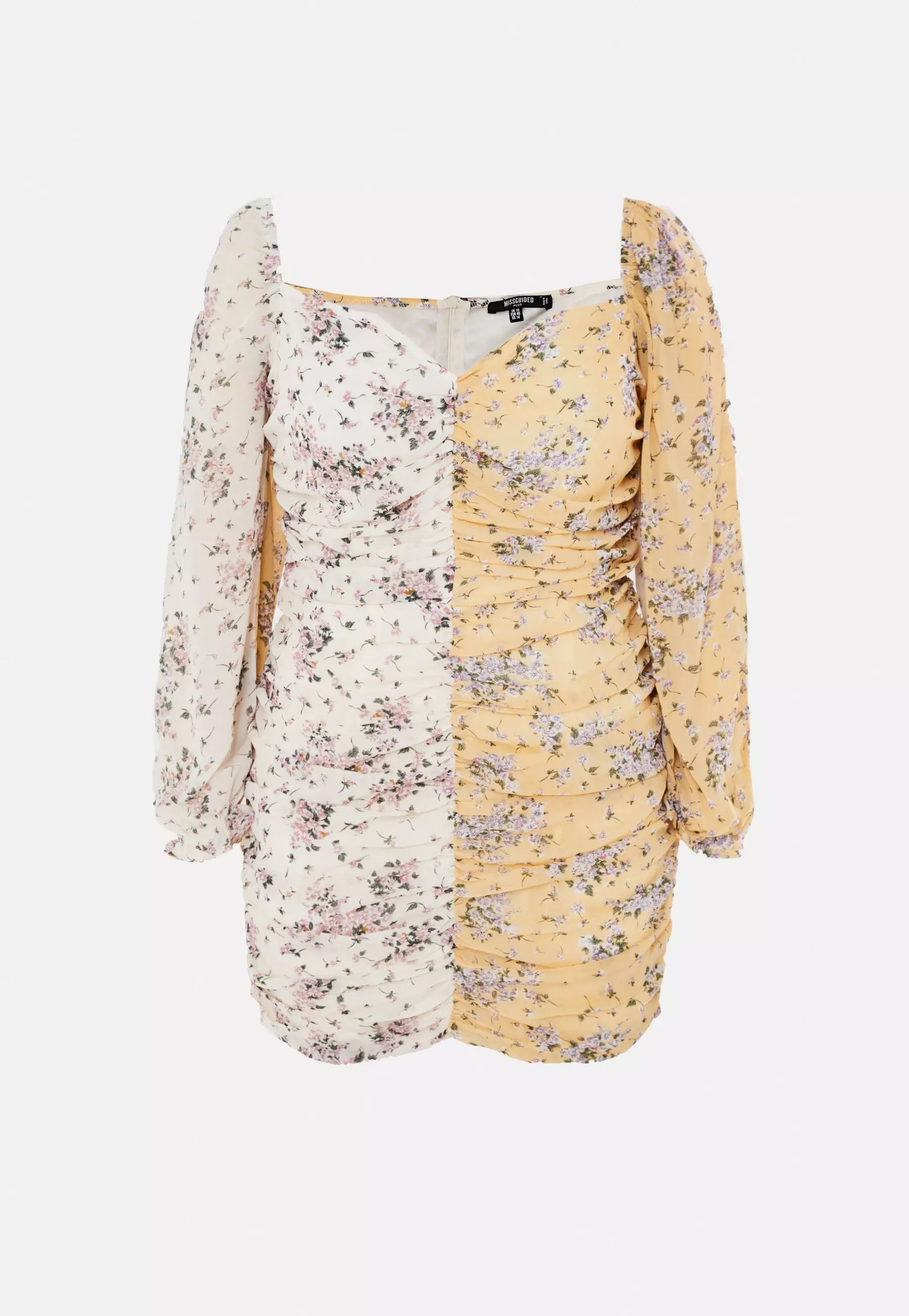 Plus Size Yellow Ditsy Floral Print Ruched Mini Dress | Missguided (US & CA)