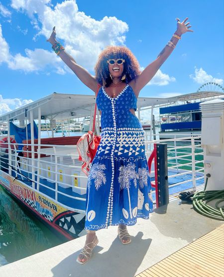 Fall Outfits in Arizona that is! 🤣Continuing on my miami chronicles, this for the mansions of miami boat tour! 

This cowrie shells midi ondina printed dress is just effortless. The cowrie shells as buttons are phenomenal & did you know they are a sign of womanhood, blessings & good luck?! I paired the dress with with fun accessories like raffia earrings, layered chains & hammered rose gold as well as colorful bangles.
Style tip:  Nipple covers are the only way to wear this dress so don’t add a bra, I did & it spoilt the look so off like a prom dress it went!!🤣

#LTKSeasonal #LTKparties #LTKstyletip