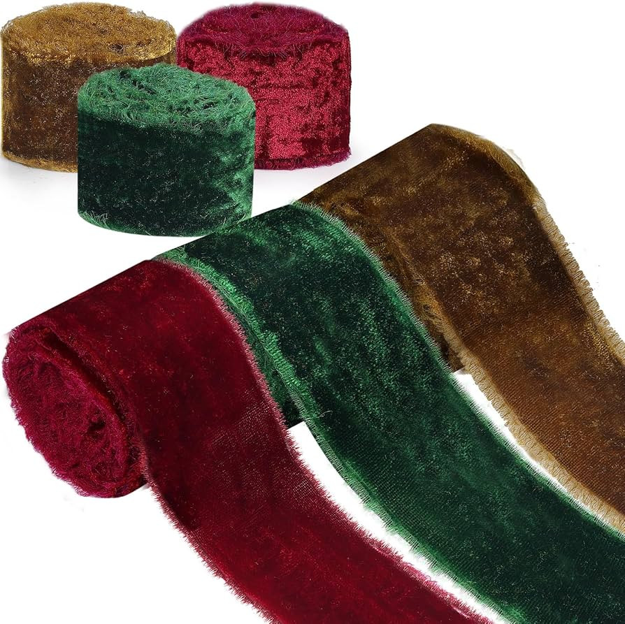 3 Roll Christmas Silk Velvet Ribbon, Vintage Velvet Wrapping Ribbon Raw Edge Fringe Ribbon for Xm... | Amazon (US)