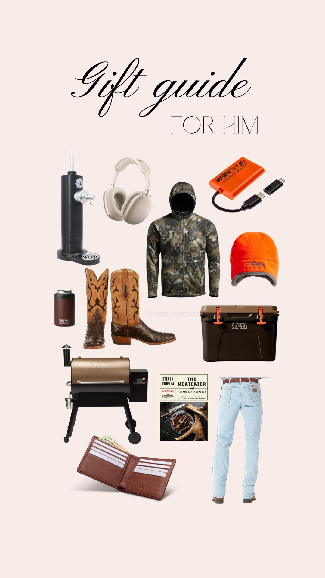 Gift Guide For Him 🎁✨ airpod max, sitka, yeti, camo, hunting, wrangler jeans, cowboy boots, mens gifts, mens wallet, traeger smoker, mens cookbook, trail camera sd reader for phone, draft machine for can, ultimate male gift guide, husband gifts, boyfriend gifts, dad gifts 

 #LTKGiftGuide #LTKHoliday #LTKMens