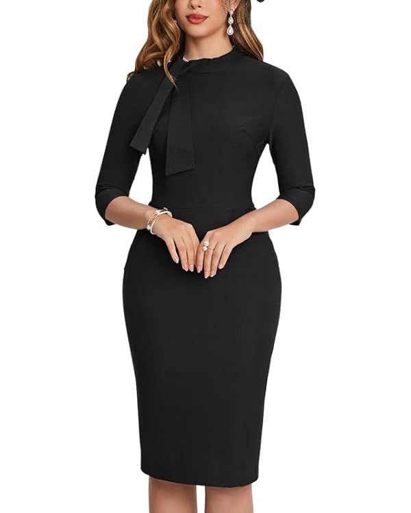 MUXXN Women's 3/4 Sleeve Stretch Midi Vintage Formal Sheath Fitted Elegant Pencil Dresses Black X... | Amazon (US)