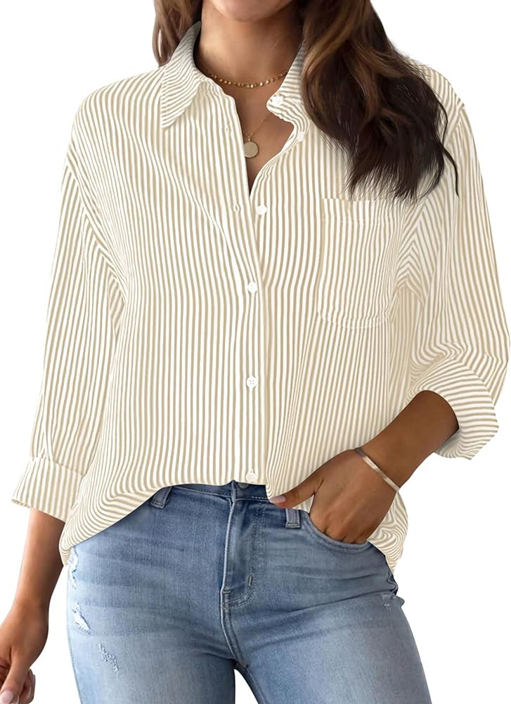 AISEW Womens Button Down Shirts Striped Classic Long Sleeve Collared Office Work Blouses Tops wit... | Amazon (US)