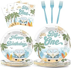Summer Beach The Big One Tableware Set Boy Surfing First Birthday Plates and Napkins Hawaiian Pal... | Amazon (US)