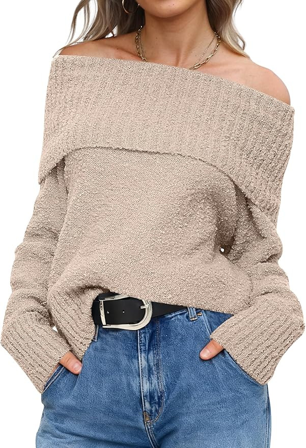 ANRABESS Off The Shoulder Sweaters for Women 2025 Fall Turtleneck Long Sleeve Fuzzy Knit Warm Cas... | Amazon (US)