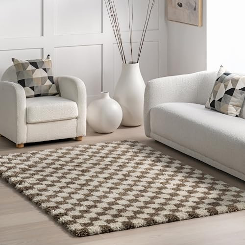 nuLOOM Adelaide Mid-Century Checkered Shag Area Rug - 4x6 Shag Area Rug Mid-Century Modern Beige Rugs for Living Room Bedroom Dining Room Nursery | Amazon (US)