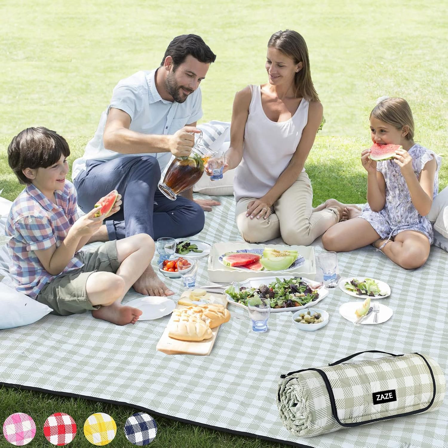 ZAZE Extra Large Picnic Outdoor Blanket, 80''x80'' Waterproof Foldable Blankets Gingham Picnic Mat for Beach, Camping Grass Lawn Park Accessories Cute Couple Gifts Ideas Wedding Registry(Green White) | Amazon (US)