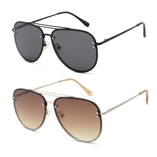 VIVIENFNAG 2 Pack Oversized Aviator Sunglasses for Women, A Black Polarized Sunglasses A Gradient Brown with UV400 Protection | Amazon (US)
