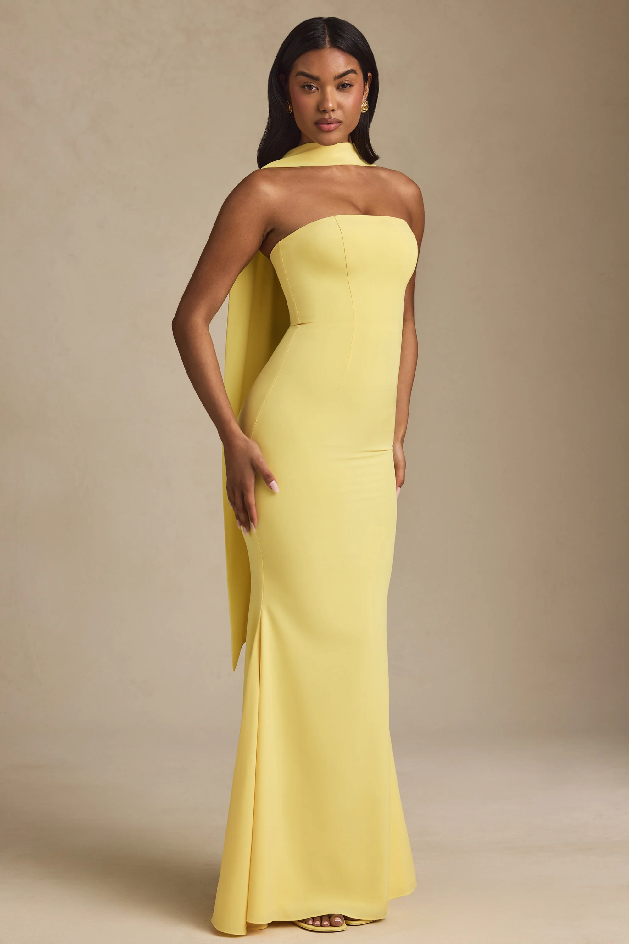 Scarf-Detail Strapless Gown in Pastel Yellow | Oh Polly