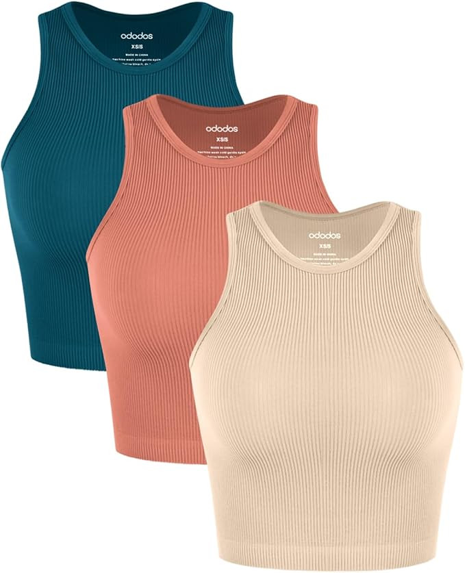 ODODOS 3-Pack Seamless Crop Tank for Women Ribbed Soft High Neck Cropped Tops | Amazon (US)