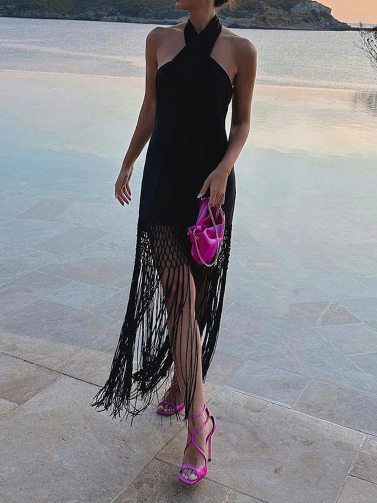 Capri Fringed Open Back Halter Midi Dress | Commense