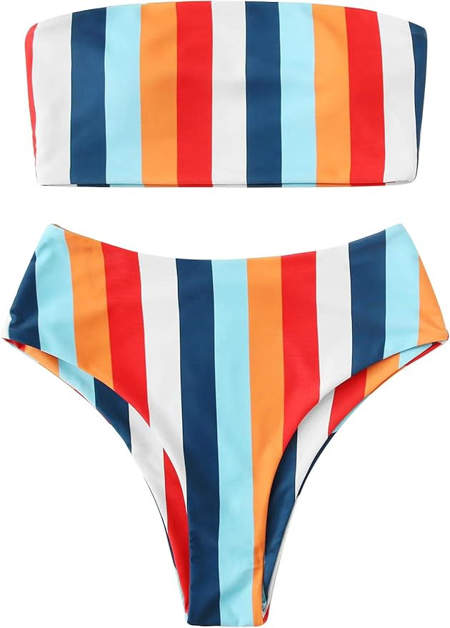 SweatyRocks Women's Bathing Suits Striped Bandeau Bikini high Waisted Swimsuits Swimwear Set | Amazon (US)