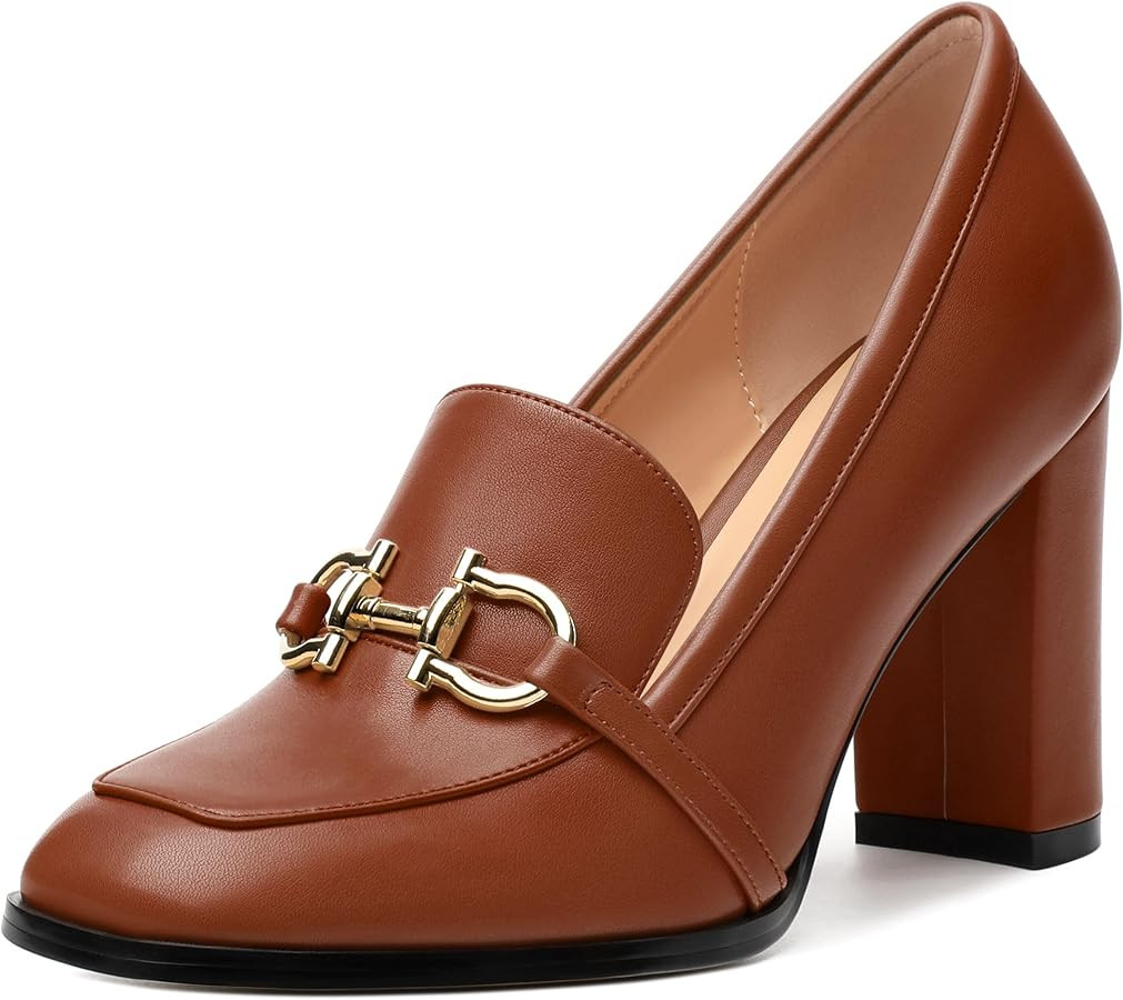 Women's Loafers - Square Toe High Heels Shoes for Women, Metal Buckle Fashion Women's Pumps Shoes... | Amazon (US)