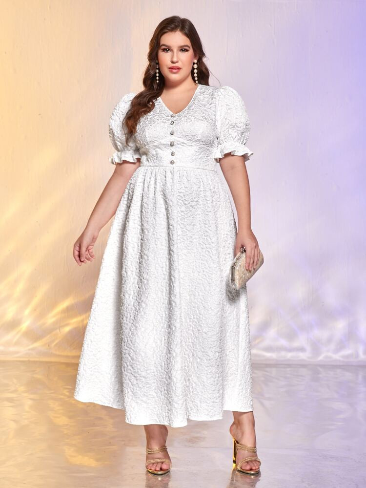 SHEIN Plus Textured Puff Sleeve Button Detail Dress | SHEIN