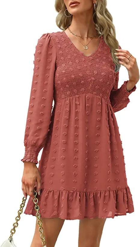 Maggeer Womens Smocked V Neck Babydoll Swiss Dot Mini Dress with Slightly Sheer Long Sleeves | Amazon (US)