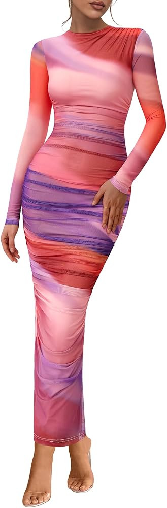 PRETTYGARDEN Womens Long Sleeve Maxi Dresses 2026 Spring Ruched Bodycon Floral Mesh Formal Weddin... | Amazon (US)