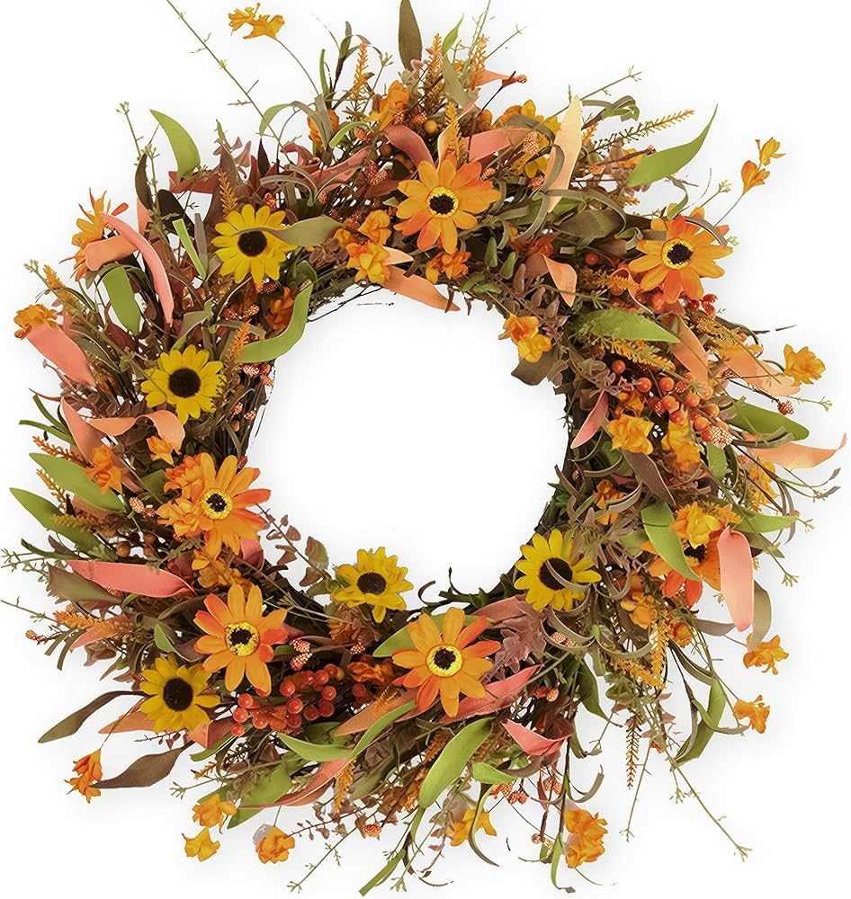 VioletEverGarden Fall Wreath, 22inch Autumn Wreath with Eucalyptus Leaves Daisies and Berries Art... | Amazon (US)
