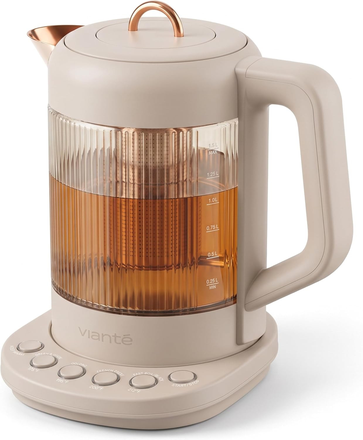 Viante Nina Electric Tea Kettle with Infuser, No Plastic In Contact With Water, 1.5L Borosilicate Glass, 304 Stainless Steel, 4 Temp Presets, Keep Warm, Cordless, Auto Shut-Off, Beige | Amazon (US)