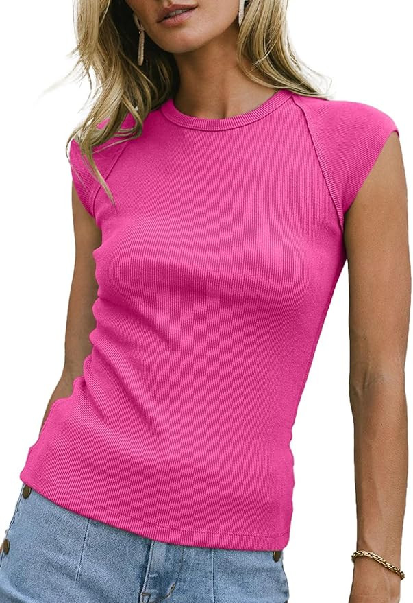 Sidefeel Womens Tops Casual Crewneck Cap Sleeve Tops Ribbed Raw Hem Summer T Shirts Slim Fit Basi... | Amazon (US)
