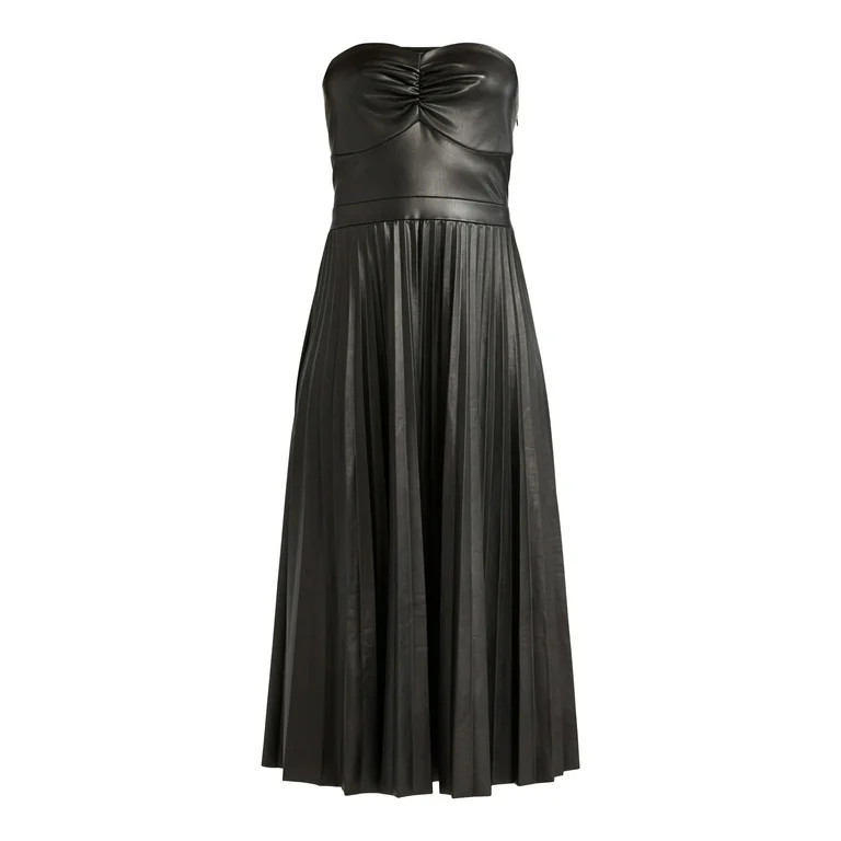 Scoop Women's Ultimate Faux Leather Strapless Pleated Midi Dress, Sizes XS-XXL - Walmart.com | Walmart (US)